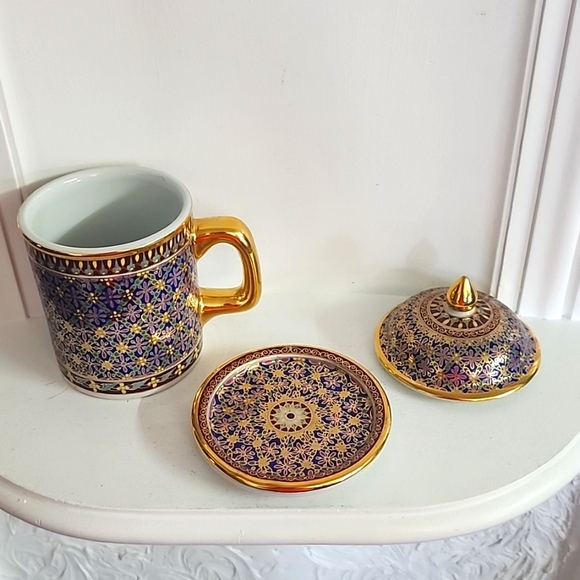Thai porcelain benjarong pottery gold leaf 24k handpainted teaset cup with a lid - Picture 4 of 6